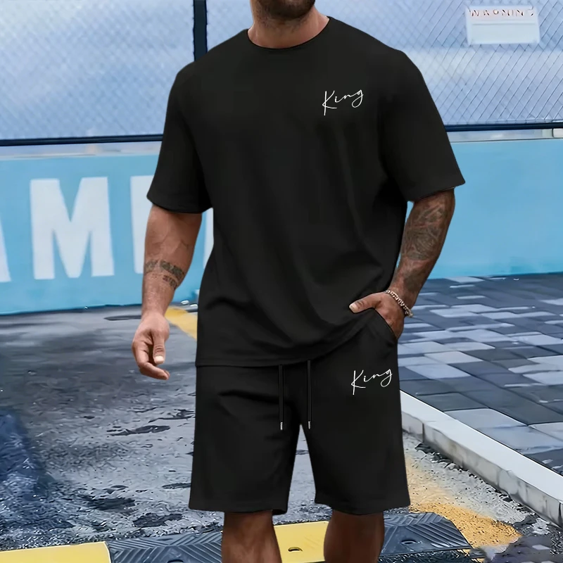 Men'S Fashion Outfits - King Letter erkek Set Pamuklu Tişört