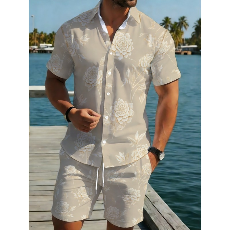 Men'S Fashion Outfits - Erkek Yazlık Polyester Çiçek Desenli Gömlek