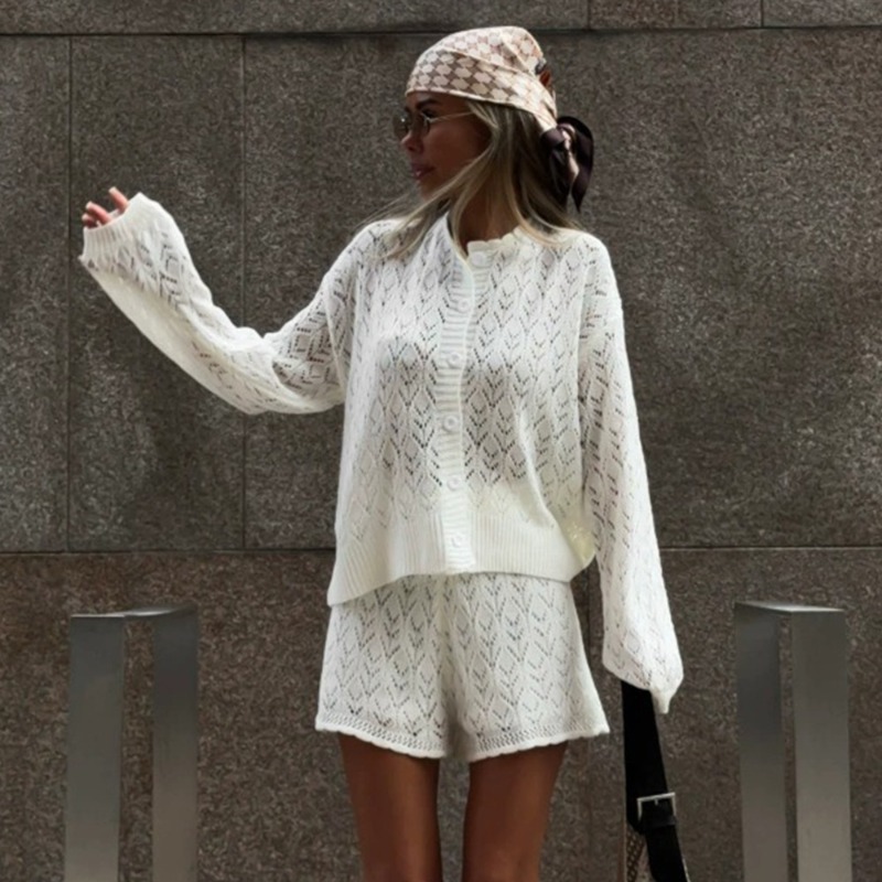 Knitted Cardigan Men - Tuularose Beyaz Örgü Şort 2 parçalı